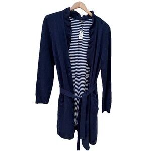 Talbots Belted Cardigan Sweater Duster Long M Navy Blue Cotton Blend NWT Ruffle